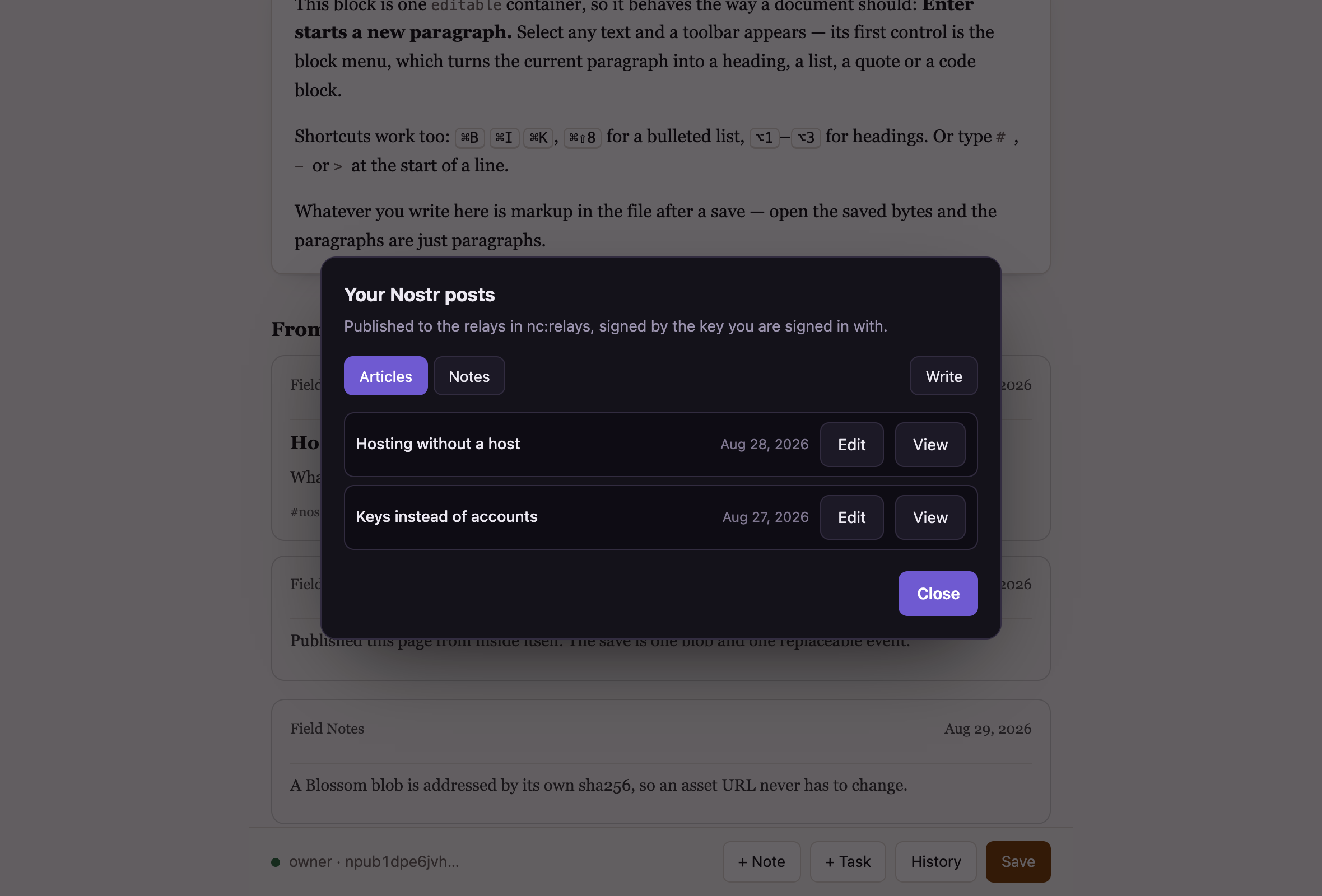 A list of published articles with edit and view buttons