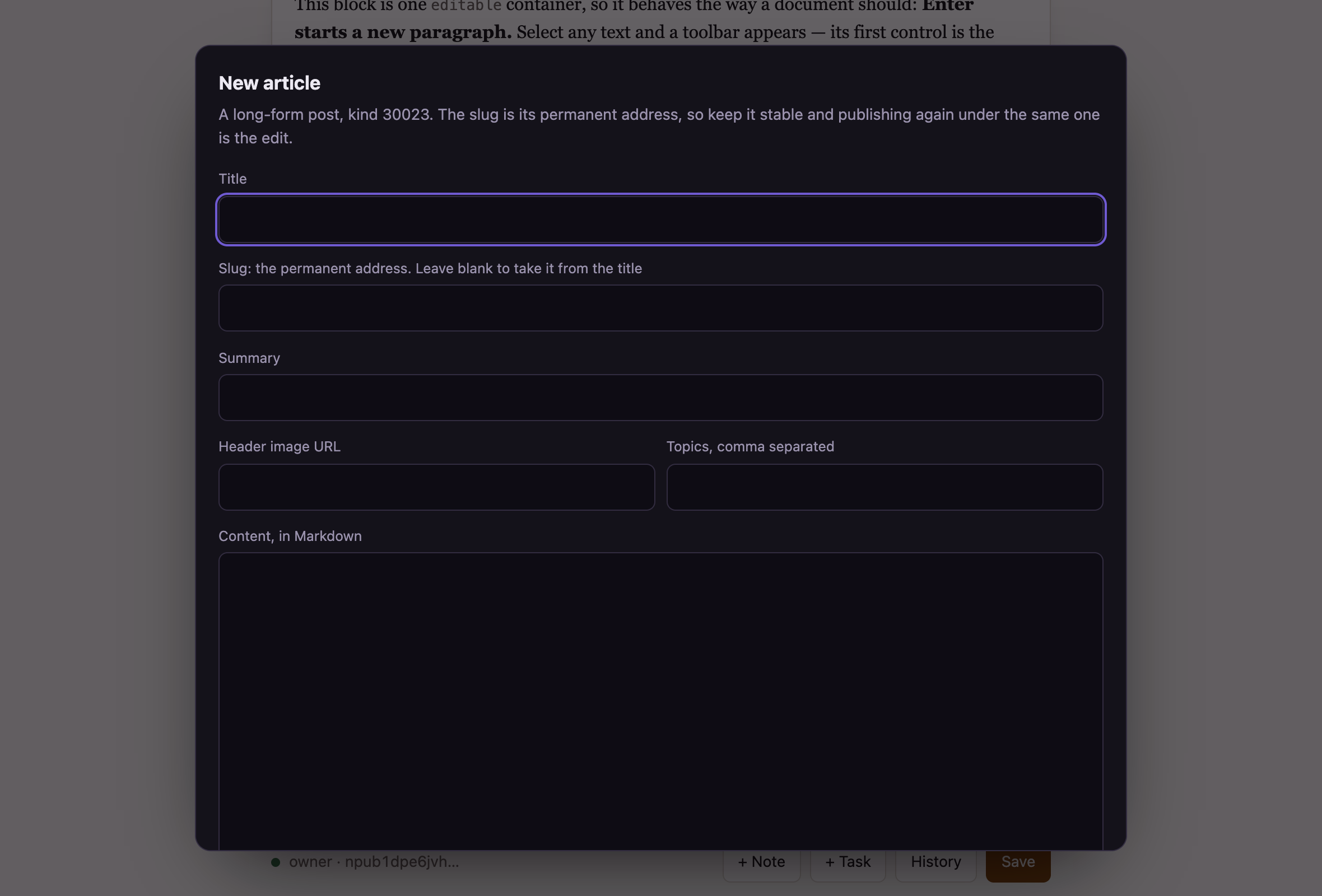 The article editor with title, address, summary, image, topics and body