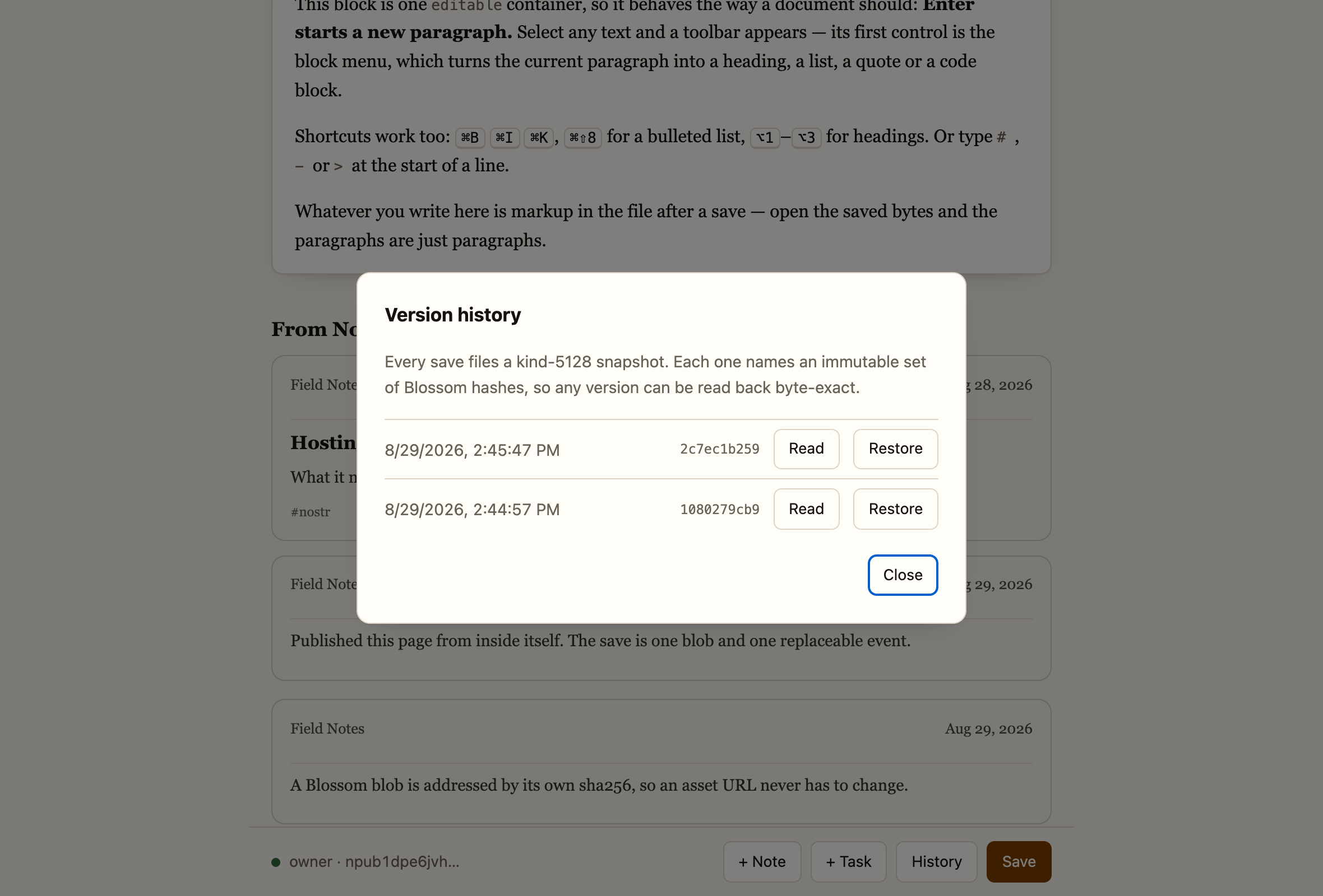 The version history listing saves by date, each with a read button