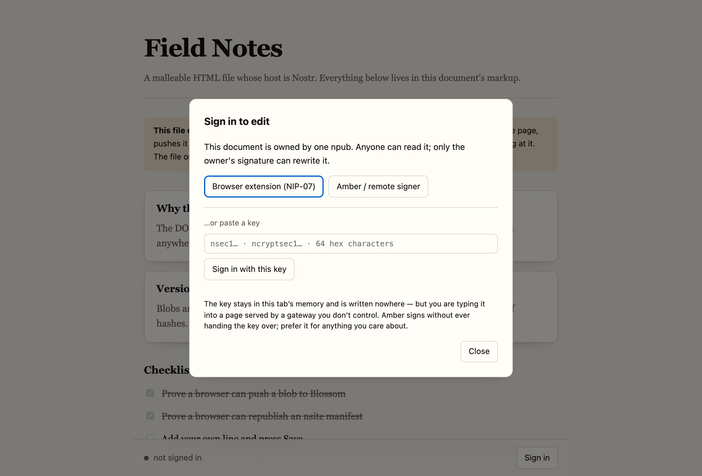 The sign-in panel offering a browser extension, a remote signer, or pasting a key