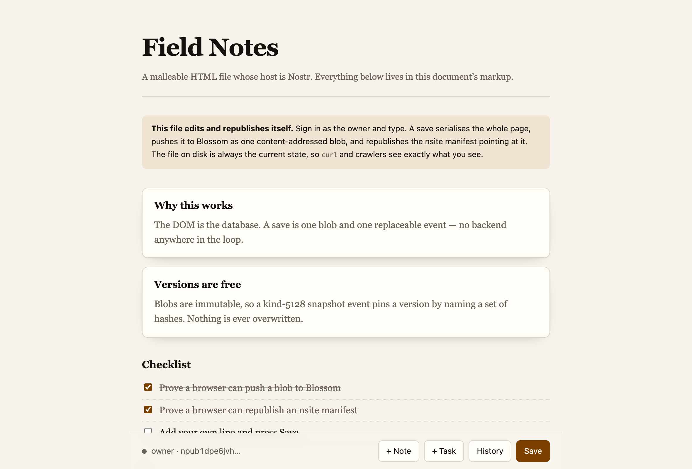 The same page after signing in, with editing controls in the corner