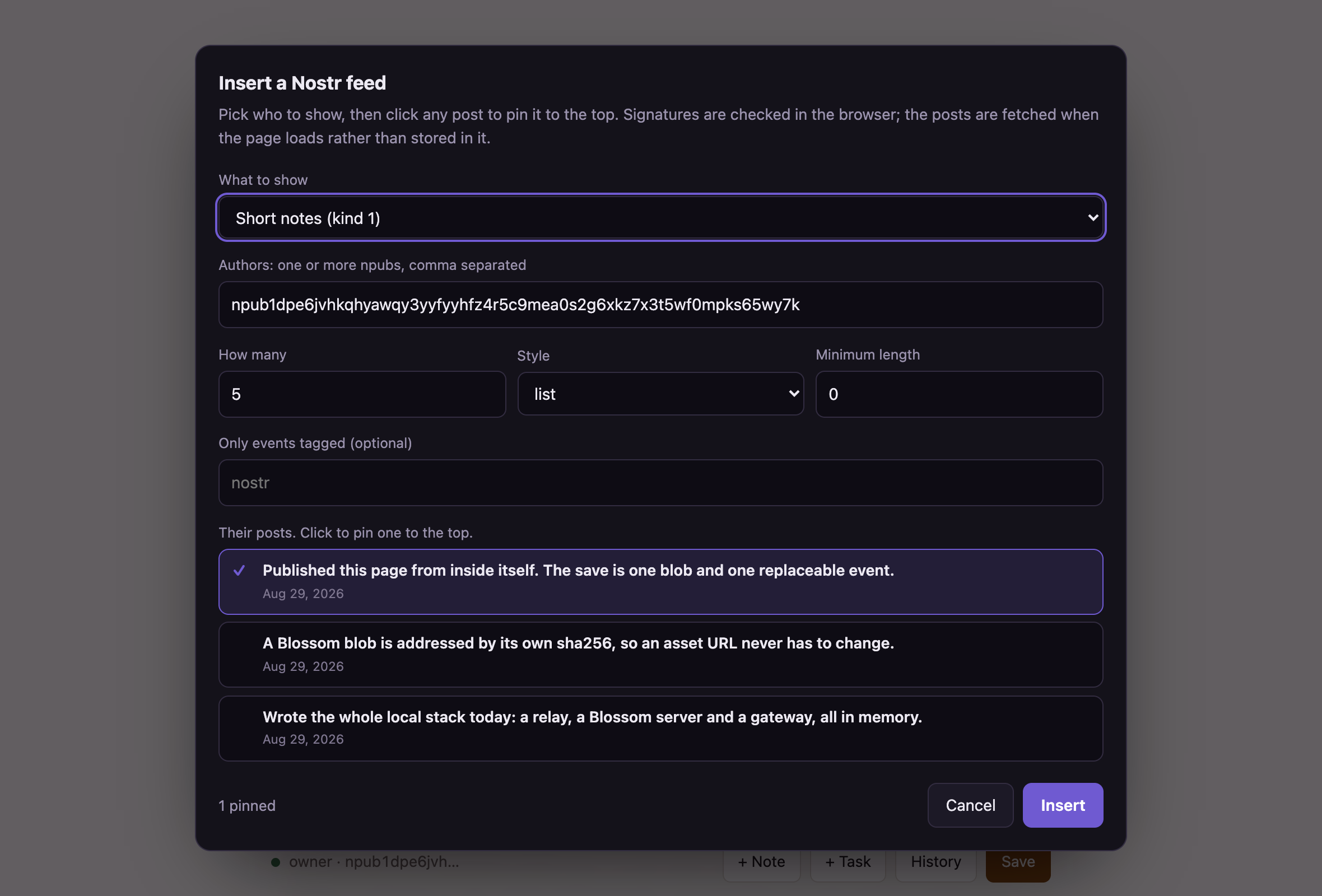 The Nostr feed panel listing real posts, with one ticked to pin it