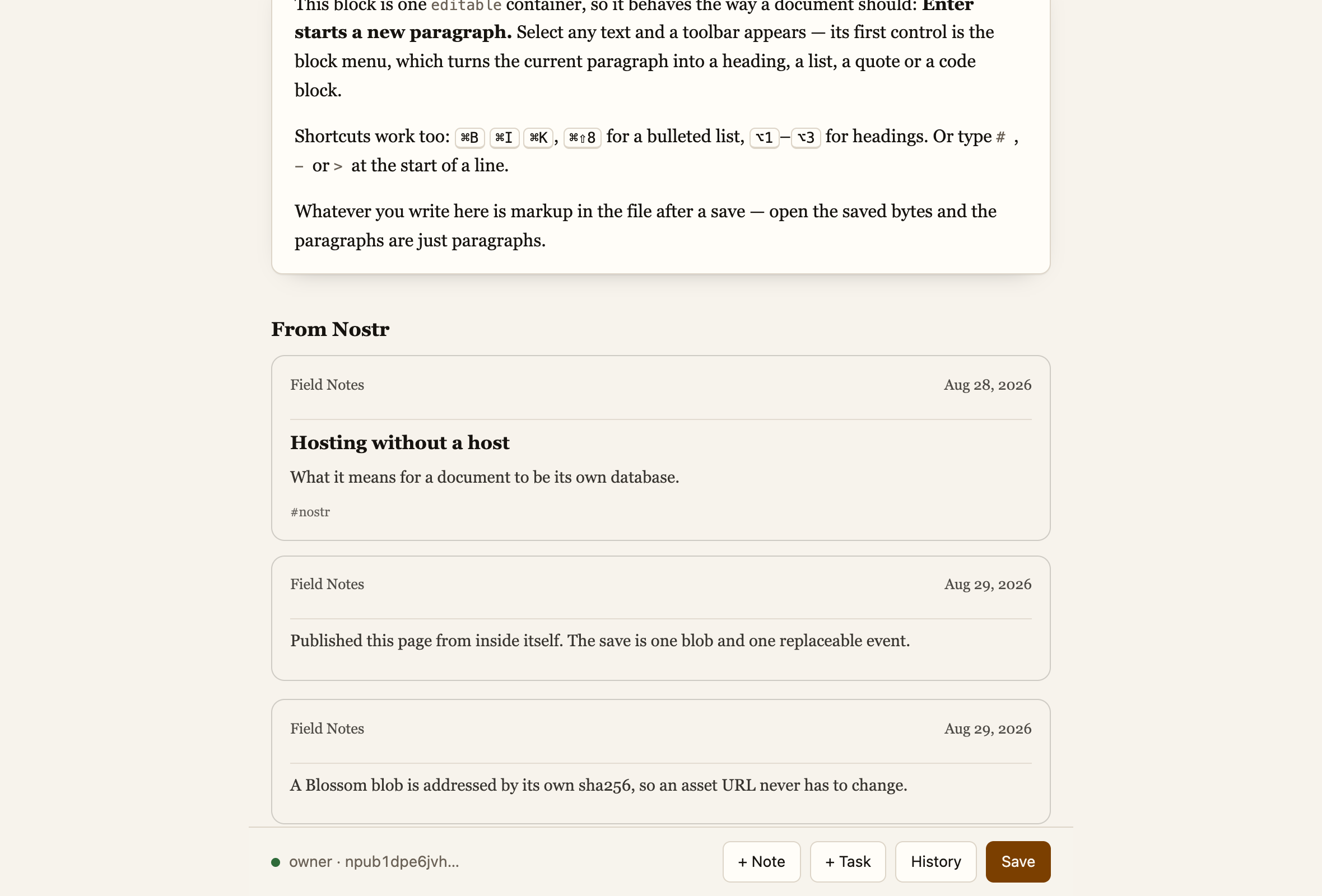 An article and two notes rendered inside the page
