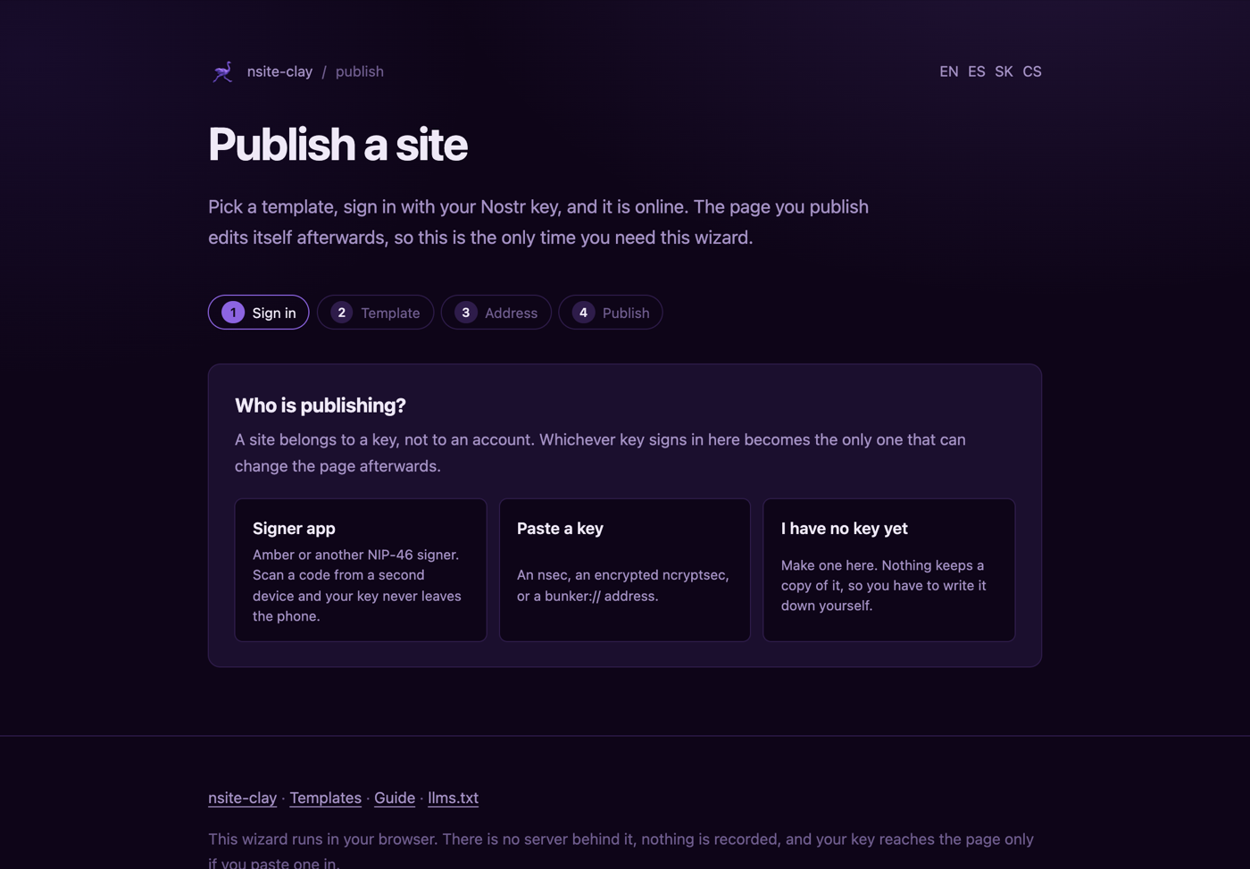 The publisher's first step, asking who is publishing, with four ways to sign in