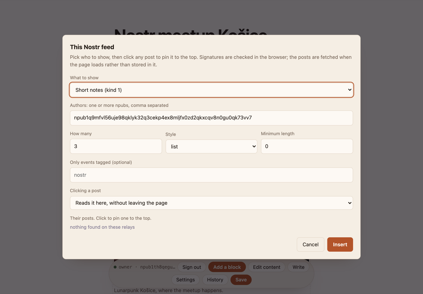 The Nostr feed dialog, listing real posts from the account whose npub was entered