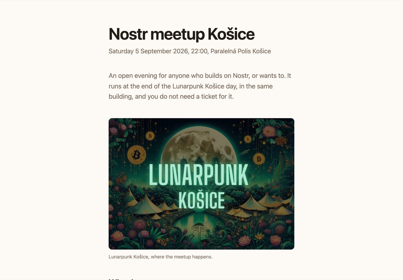 The finished meetup page as a reader sees it, with no editing controls