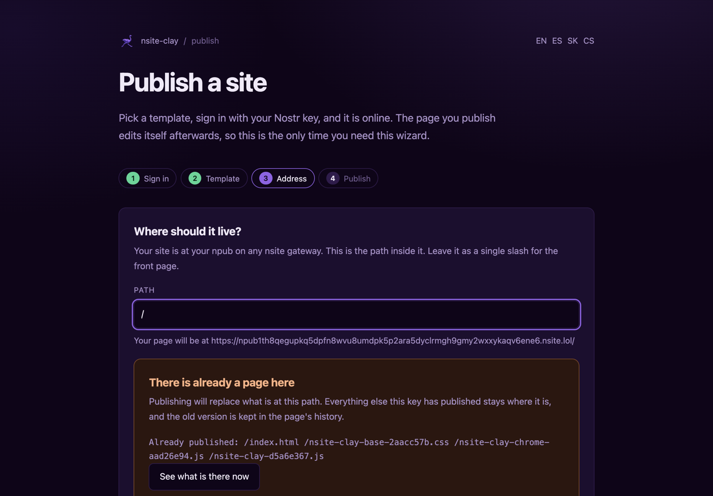 A warning that a page already exists at this path, with a link to look at it and a box to tick before continuing
