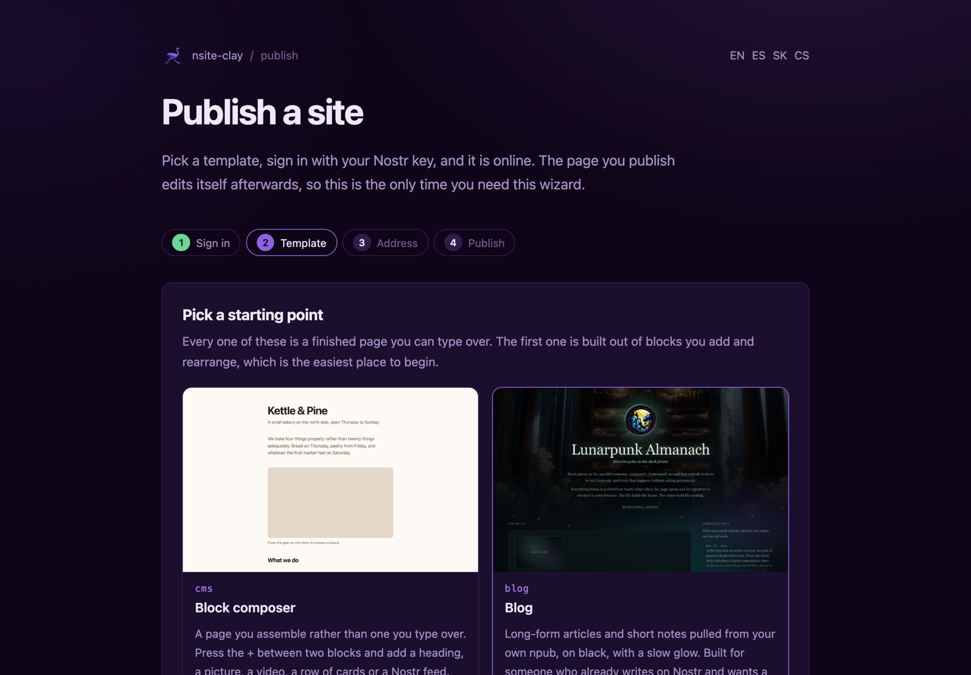 A grid of template cards with screenshots, the block composer first