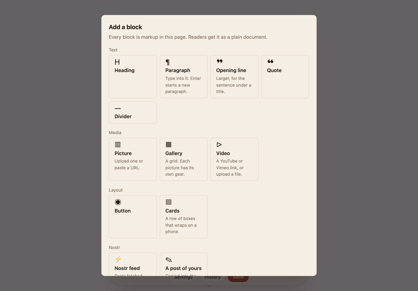 The block palette, showing text, media, layout and Nostr blocks